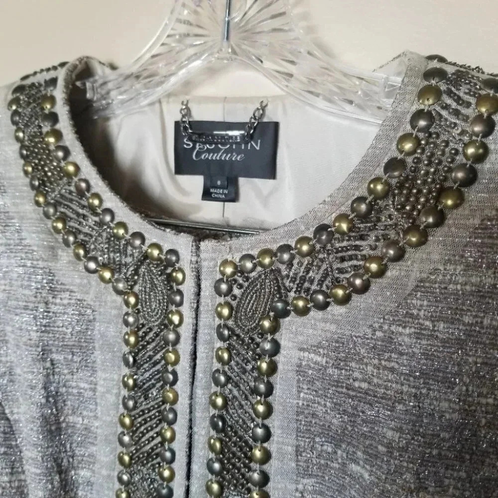 St. John Couture 8 Blazer Dress Set Embellished Metallic Grey Silver - Picture 9 of 15